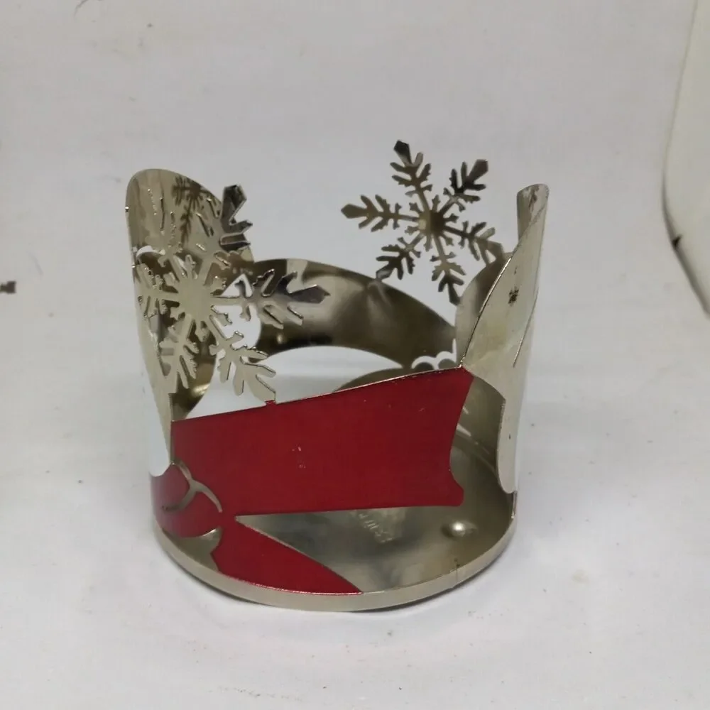 Bath & Body Works Snowman Snowflake 3 Wick Metal Candle Holder-Red-White-Silver
